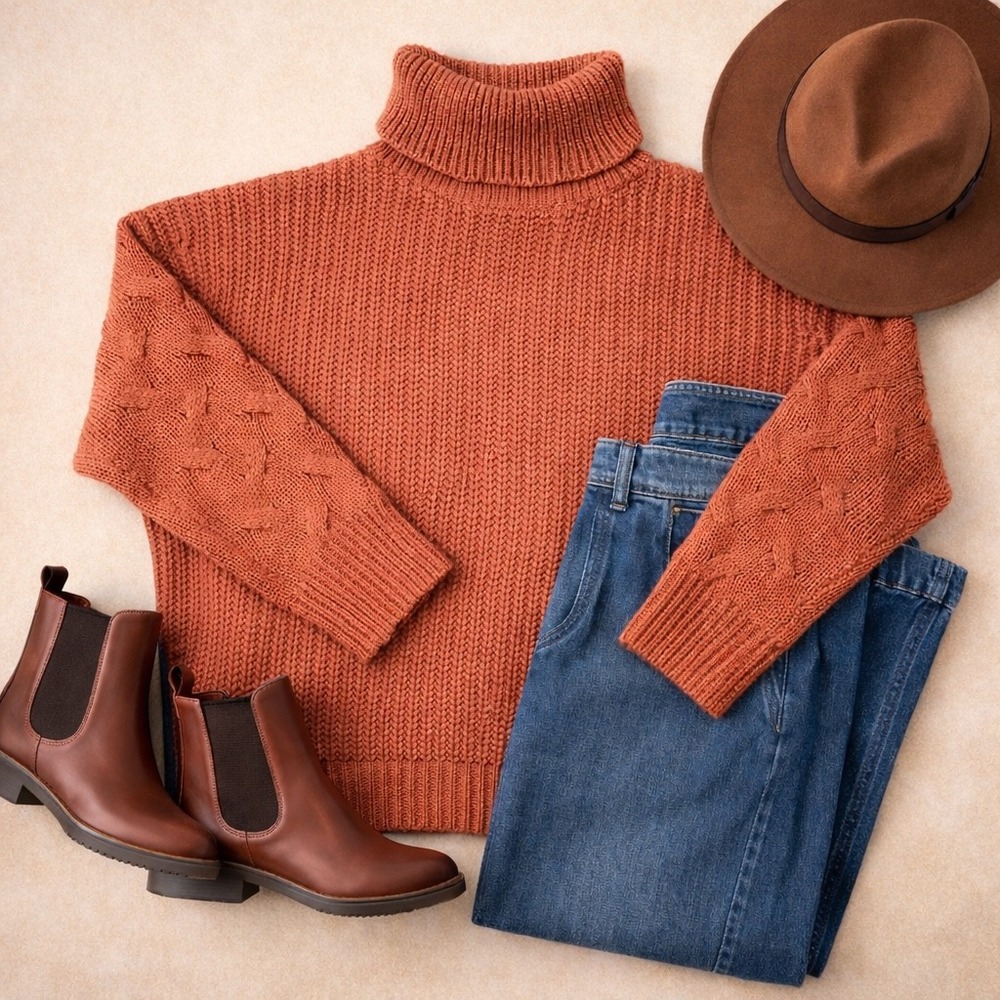 Chunky Knit Pullover Turtleneck Sweater-‎ XL- Rust Cozy Oversized Fall Aesthetic